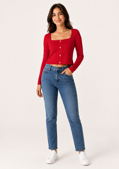 NoBarr Women Red Ribbed Crop Top | Square Neck Full Sleeve Button Front Stretchable Knitted Viscose Top