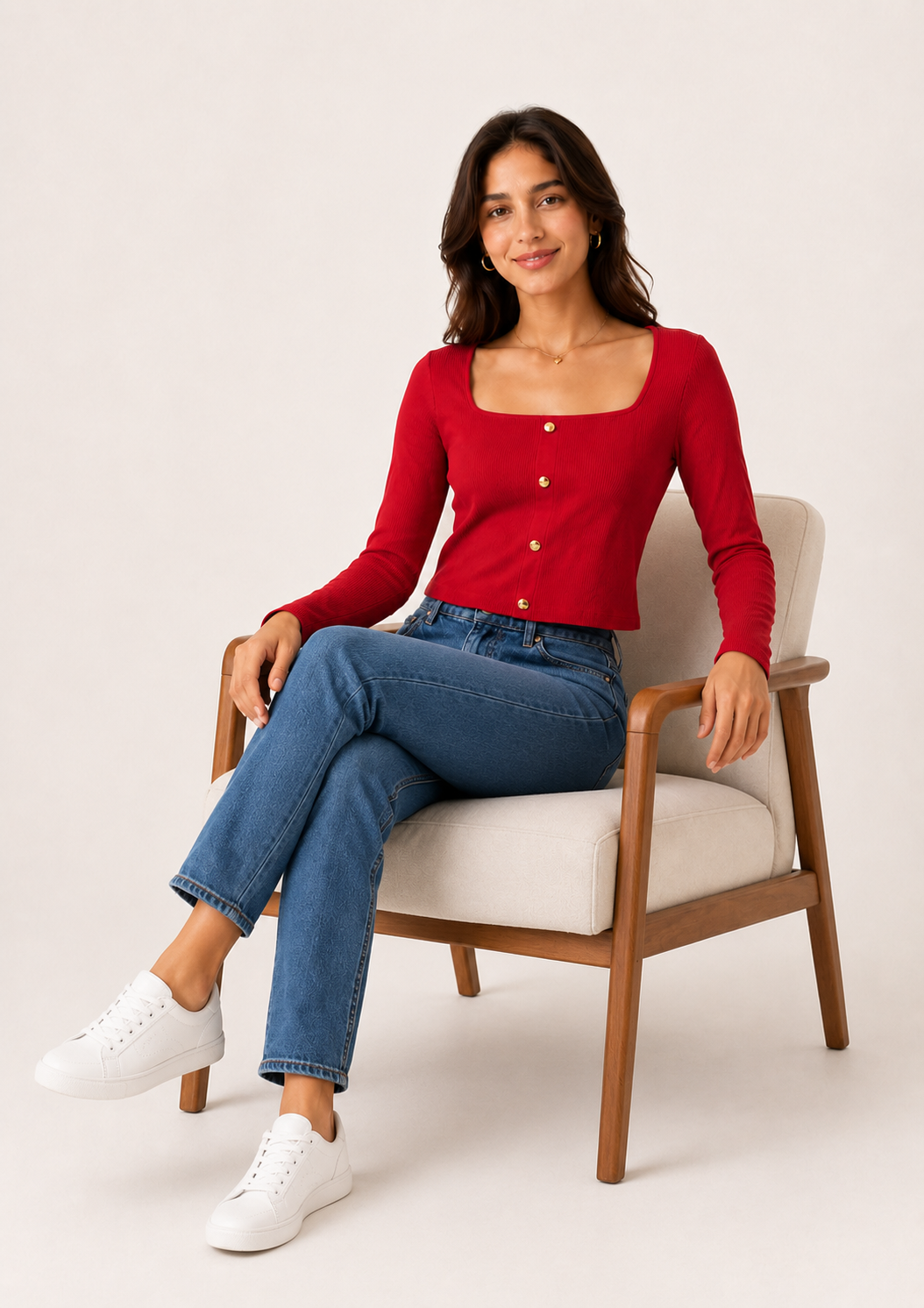 NoBarr Women Red Ribbed Crop Top | Square Neck Full Sleeve Button Front Stretchable Knitted Viscose Top