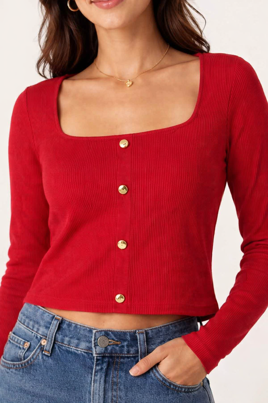 NoBarr Women Red Ribbed Crop Top | Square Neck Full Sleeve Button Front Stretchable Knitted Viscose Top