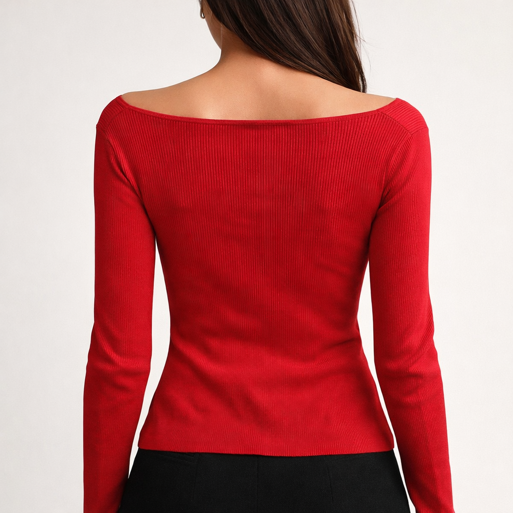NoBarr Women Red Ribbed Crop Top | Square Neck Full Sleeve Button Front Stretchable Knitted Viscose Top