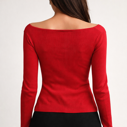 NoBarr Women Red Ribbed Crop Top | Square Neck Full Sleeve Button Front Stretchable Knitted Viscose Top