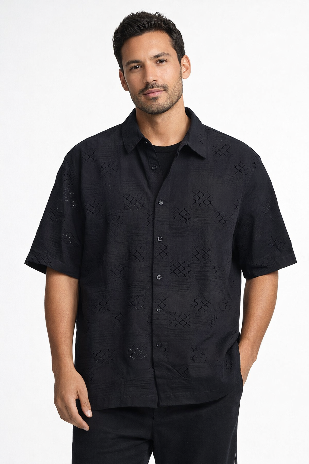 NoBarr Men's Black Cotton Shirt | Short Sleeve Button Down Loose Fit Casual Shirt | Textured Design