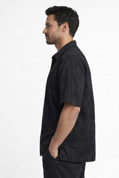 NoBarr Men's Black Cotton Shirt | Short Sleeve Button Down Loose Fit Casual Shirt | Textured Design