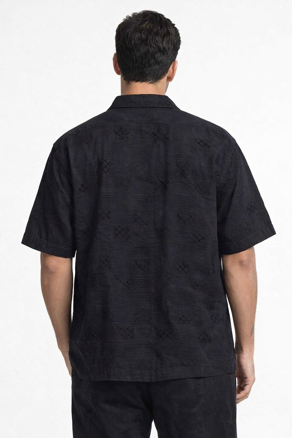 NoBarr Men's Black Cotton Shirt | Short Sleeve Button Down Loose Fit Casual Shirt | Textured Design
