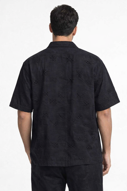 NoBarr Men's Black Cotton Shirt | Short Sleeve Button Down Loose Fit Casual Shirt | Textured Design
