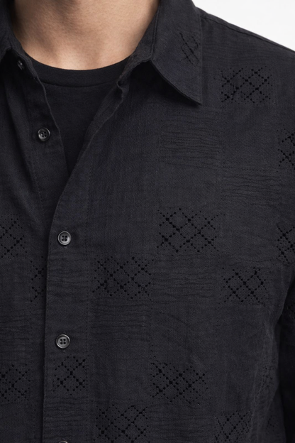 NoBarr Men's Black Cotton Shirt | Short Sleeve Button Down Loose Fit Casual Shirt | Textured Design