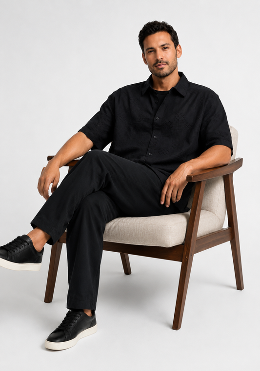 NoBarr Men's Black Cotton Shirt | Short Sleeve Button Down Loose Fit Casual Shirt | Textured Design