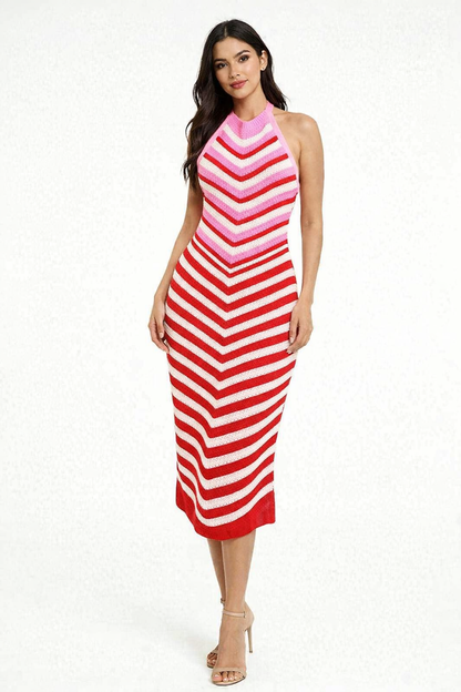 Multi Colour Chevron Knit Dress | Halter Neck Sleeveless Backless Acrylic Bodycon Midi Dress