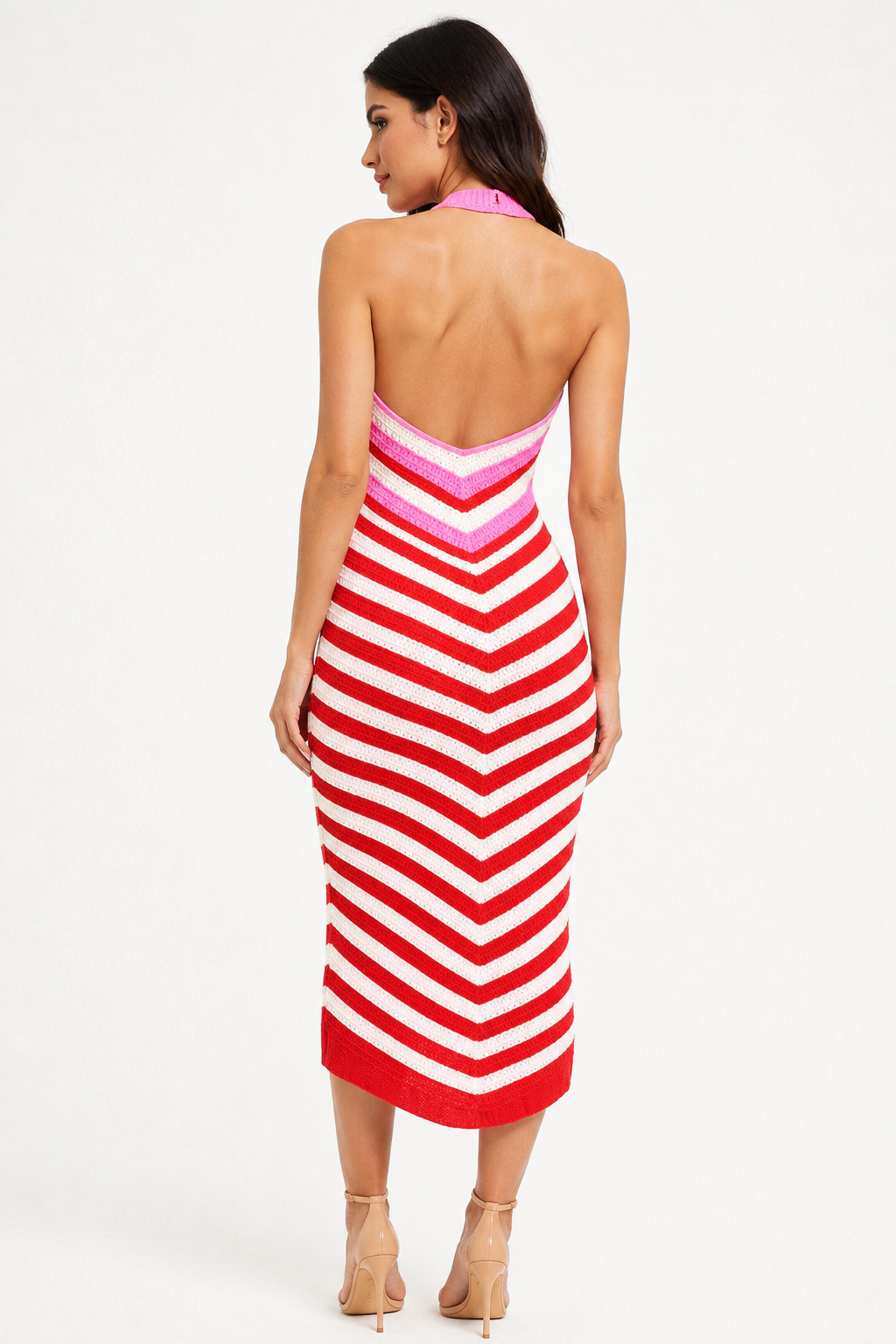 Multi Colour Chevron Knit Dress | Halter Neck Sleeveless Backless Acrylic Bodycon Midi Dress
