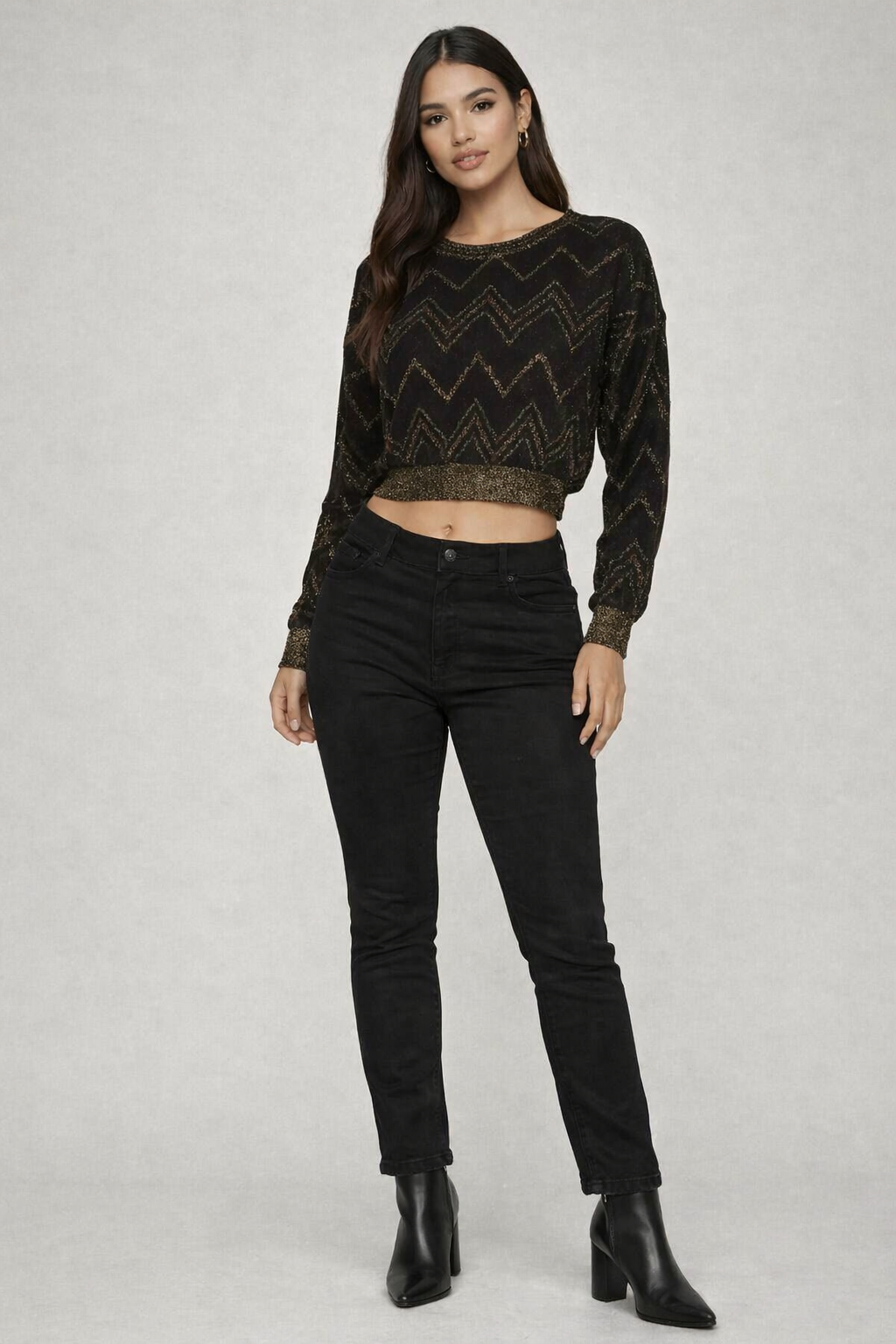 Black Metallic Chevron Crop Top | Round Neck Full Sleeve Down Shoulder Stylish Party Wear Top