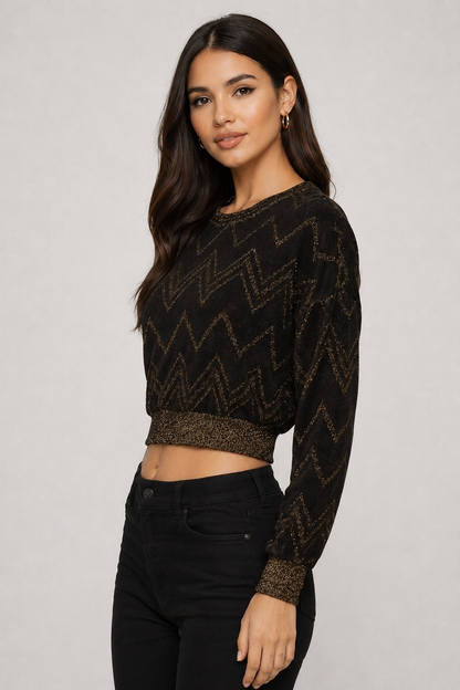 Black Metallic Chevron Crop Top | Round Neck Full Sleeve Down Shoulder Stylish Party Wear Top