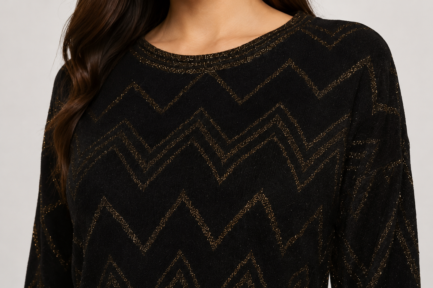 Black Metallic Chevron Crop Top | Round Neck Full Sleeve Down Shoulder Stylish Party Wear Top