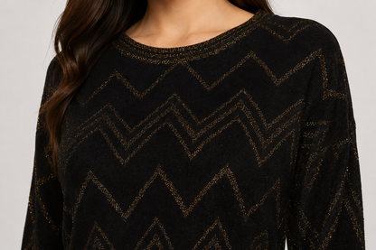 Black Metallic Chevron Crop Top | Round Neck Full Sleeve Down Shoulder Stylish Party Wear Top
