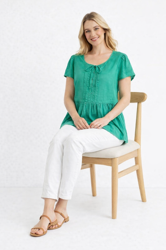 Green Viscose Linen Top | Round Neck Short Sleeve Loose Fit Casual Peplum Style Top