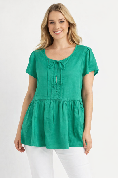 Green Viscose Linen Top | Round Neck Short Sleeve Loose Fit Casual Peplum Style Top