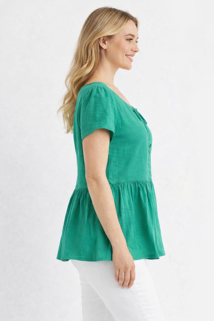 Green Viscose Linen Top | Round Neck Short Sleeve Loose Fit Casual Peplum Style Top