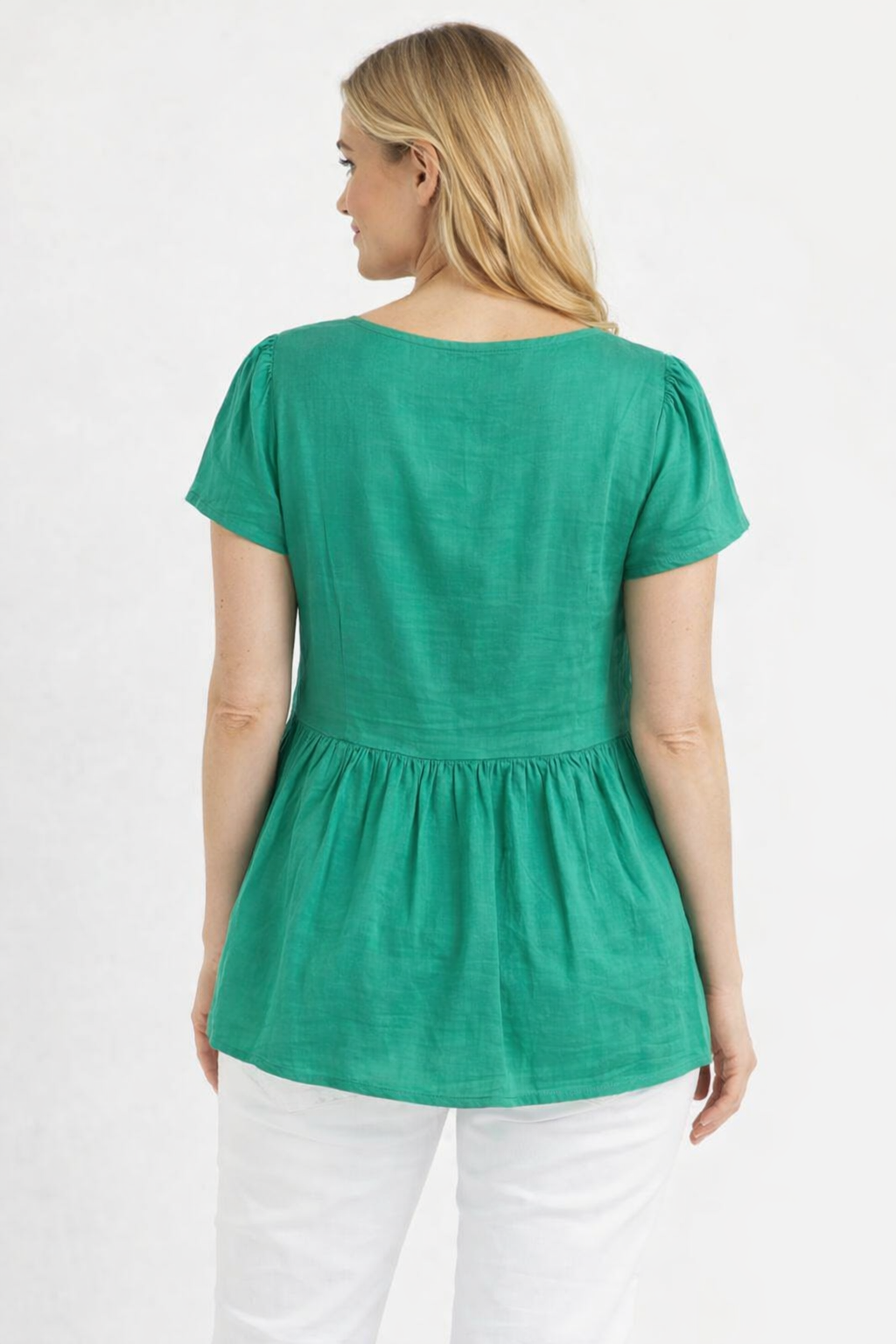 Green Viscose Linen Top | Round Neck Short Sleeve Loose Fit Casual Peplum Style Top