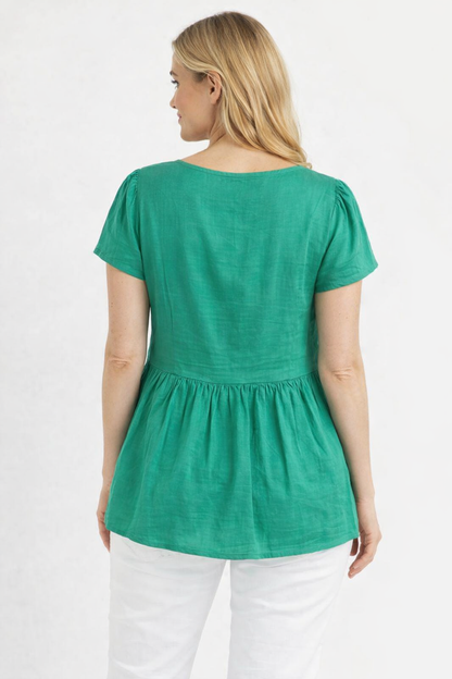Green Viscose Linen Top | Round Neck Short Sleeve Loose Fit Casual Peplum Style Top
