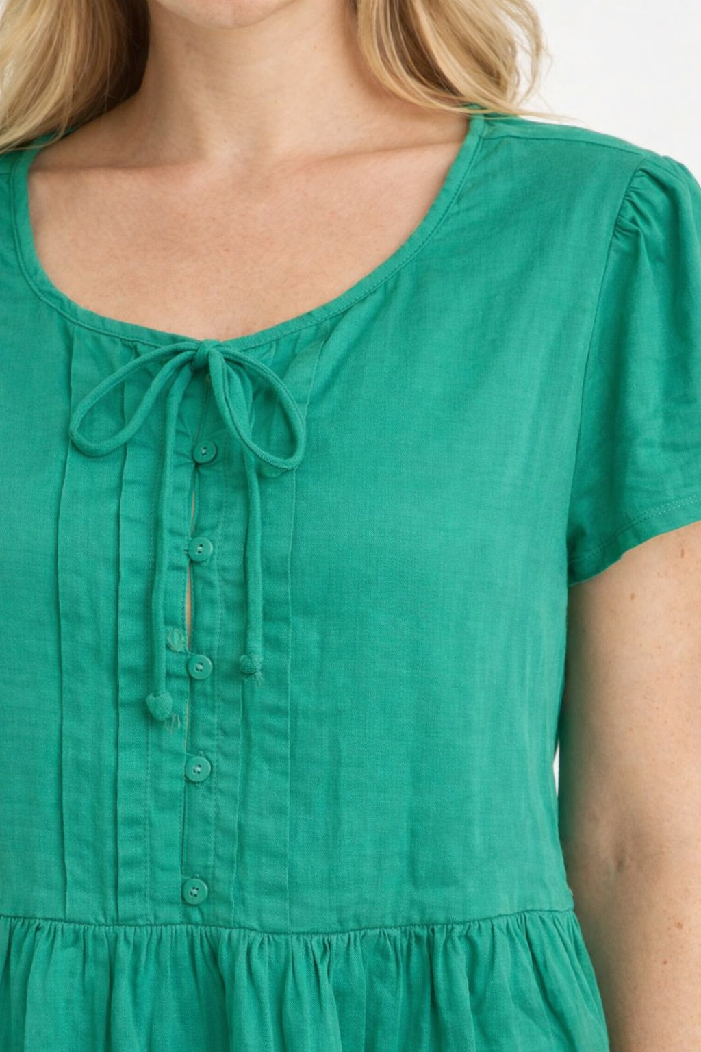 Green Viscose Linen Top | Round Neck Short Sleeve Loose Fit Casual Peplum Style Top