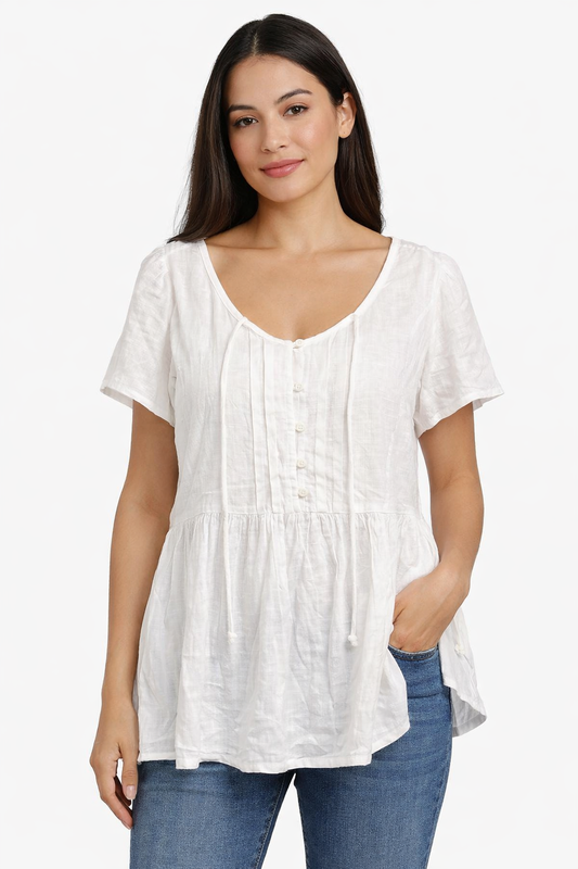 White Viscose Linen Top | Round Neck Short Sleeve Loose Fit Casual Peplum Style Top