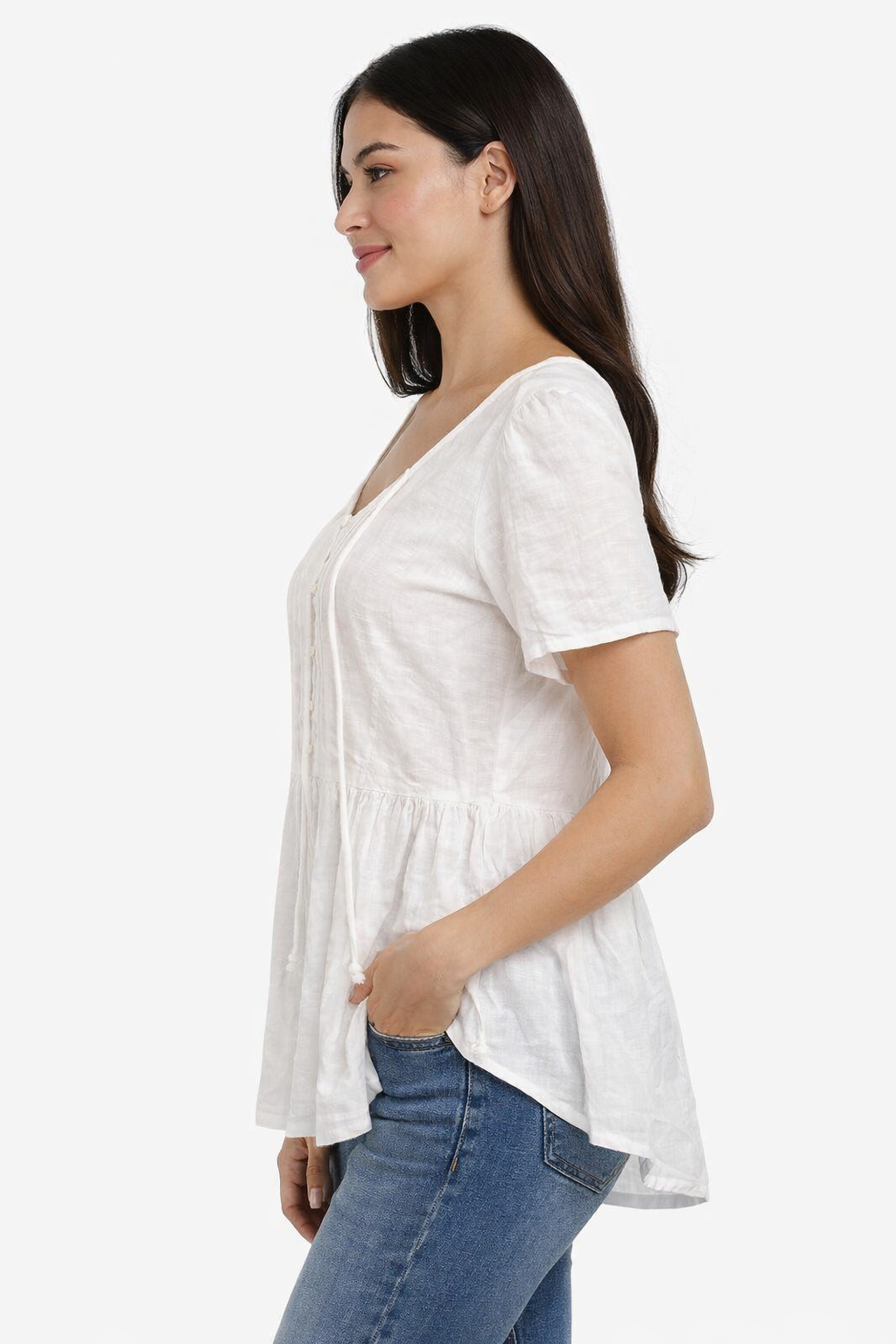 White Viscose Linen Top | Round Neck Short Sleeve Loose Fit Casual Peplum Style Top