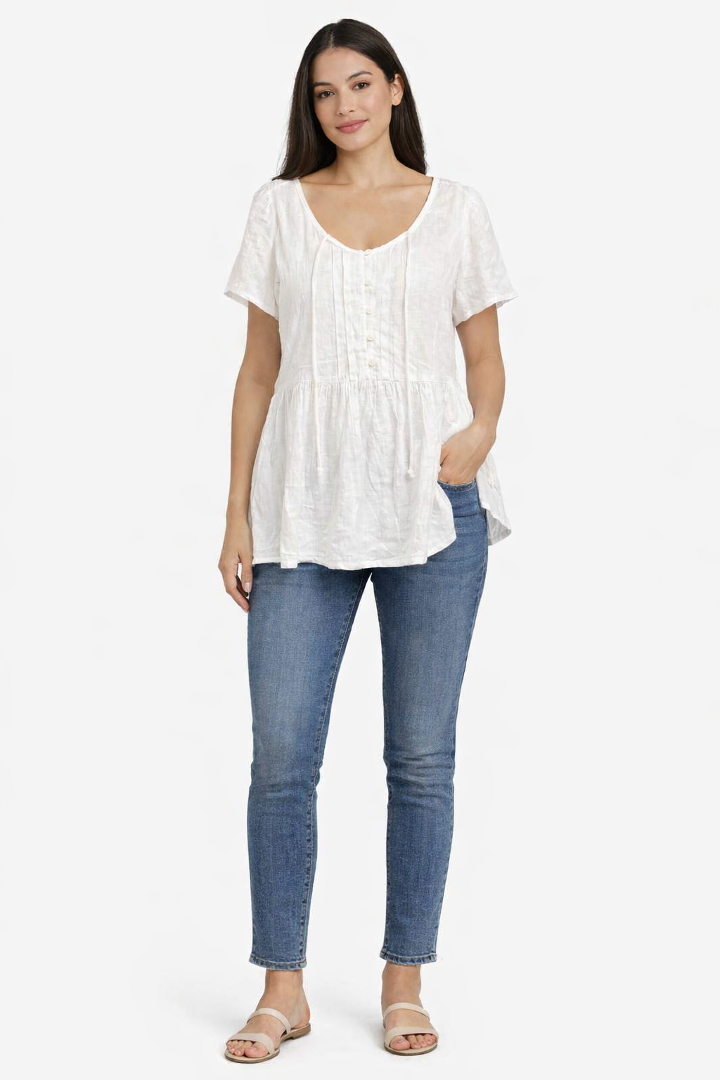 White Viscose Linen Top | Round Neck Short Sleeve Loose Fit Casual Peplum Style Top