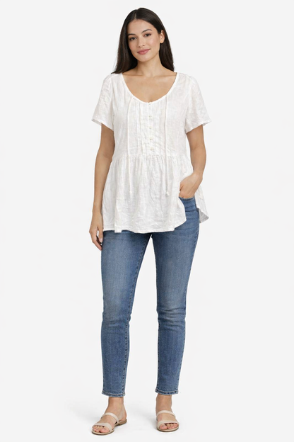 White Viscose Linen Top | Round Neck Short Sleeve Loose Fit Casual Peplum Style Top