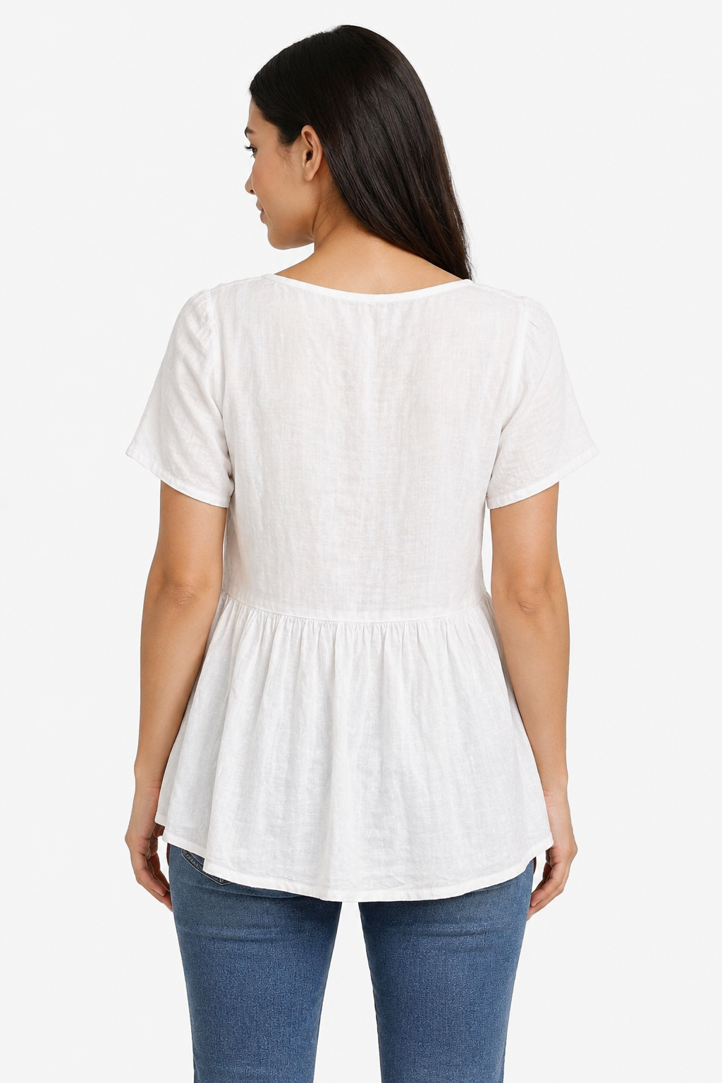 White Viscose Linen Top | Round Neck Short Sleeve Loose Fit Casual Peplum Style Top