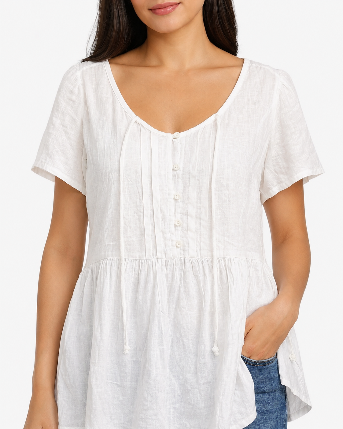 White Viscose Linen Top | Round Neck Short Sleeve Loose Fit Casual Peplum Style Top