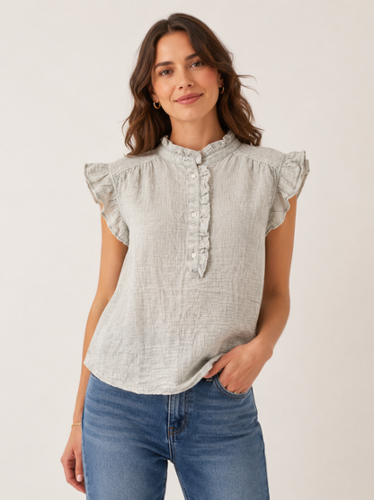 Light Grey Cotton Top | Ruffle Neck Cap Sleeve Loose Fit Casual Top