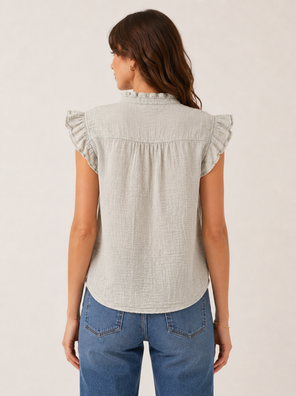 Light Grey Cotton Top | Ruffle Neck Cap Sleeve Loose Fit Casual Top
