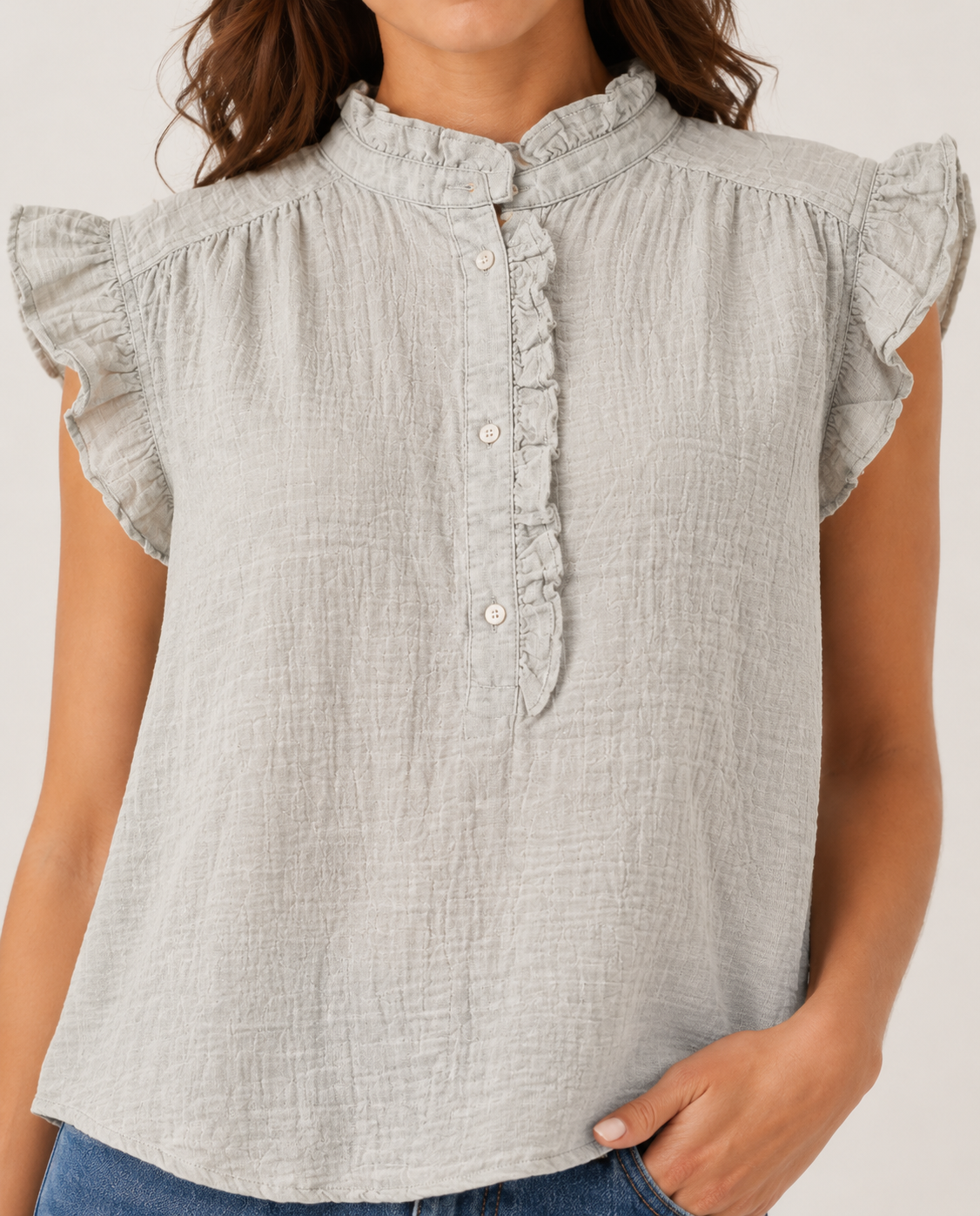 Light Grey Cotton Top | Ruffle Neck Cap Sleeve Loose Fit Casual Top