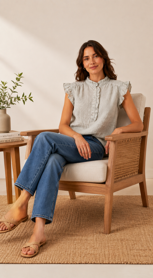 Light Grey Cotton Top | Ruffle Neck Cap Sleeve Loose Fit Casual Top