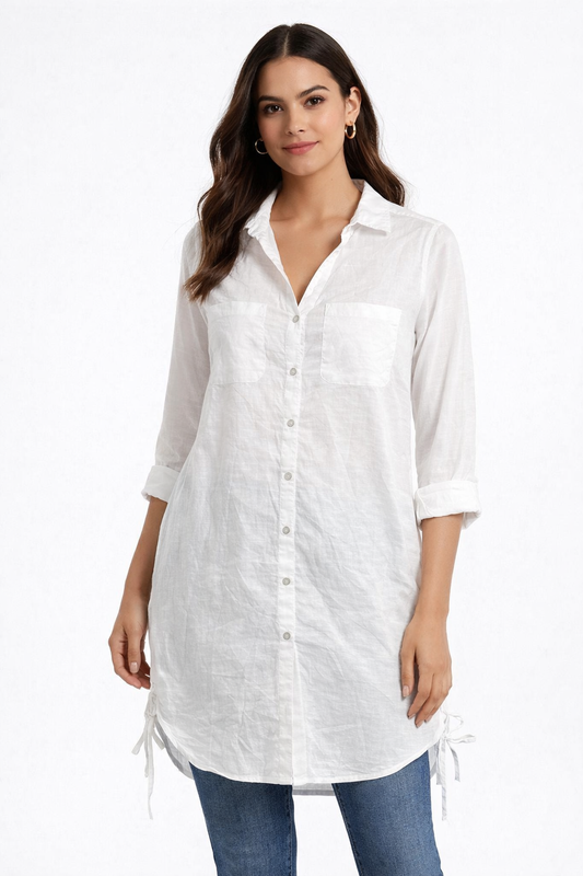 White Cotton Shirt Dress | Collared Button Down 3/4 Sleeve Loose Fit Casual Long Shirt Top