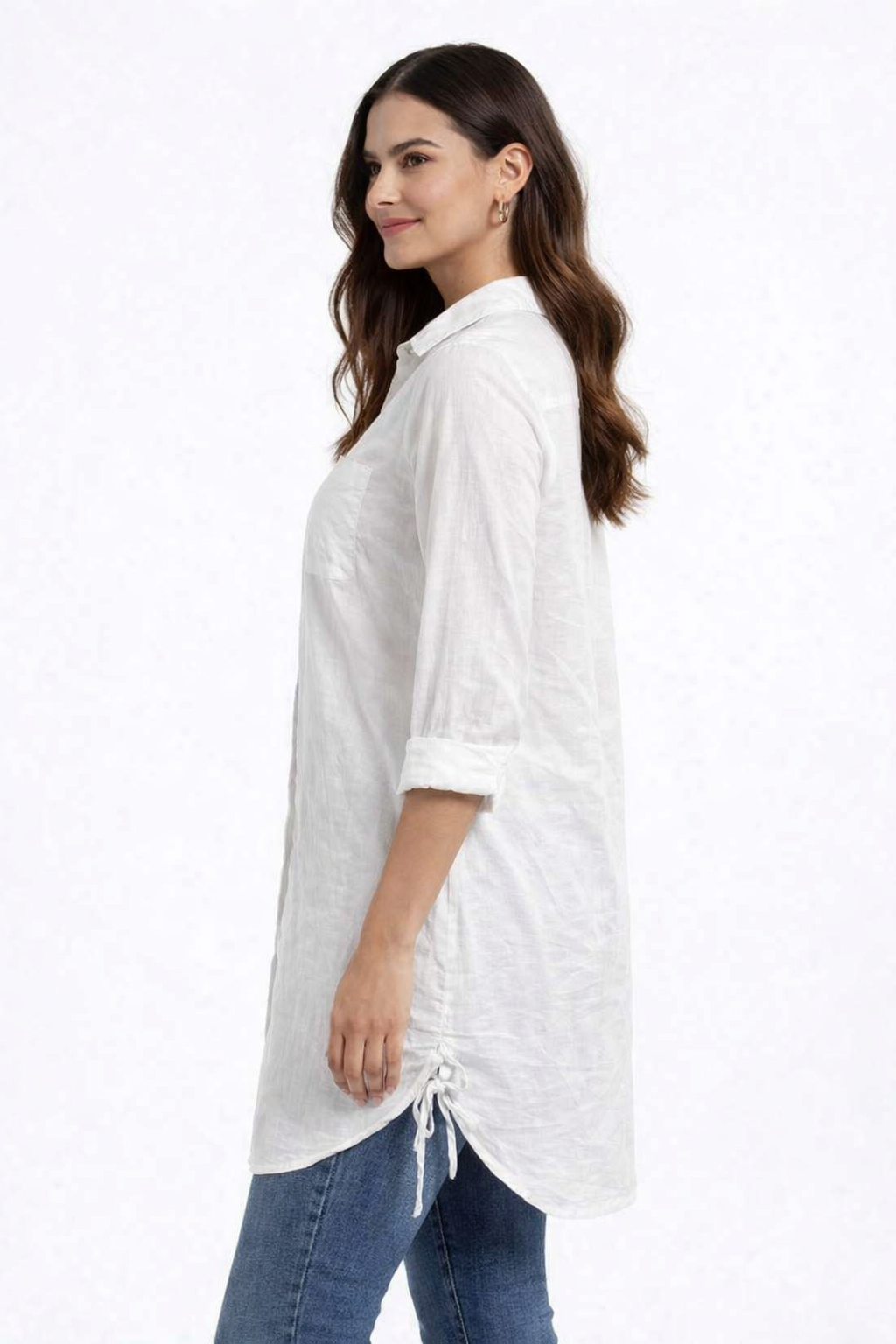 White Cotton Shirt Dress | Collared Button Down 3/4 Sleeve Loose Fit Casual Long Shirt Top