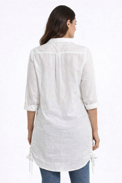 White Cotton Shirt Dress | Collared Button Down 3/4 Sleeve Loose Fit Casual Long Shirt Top