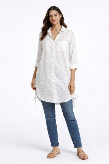 White Cotton Shirt Dress | Collared Button Down 3/4 Sleeve Loose Fit Casual Long Shirt Top