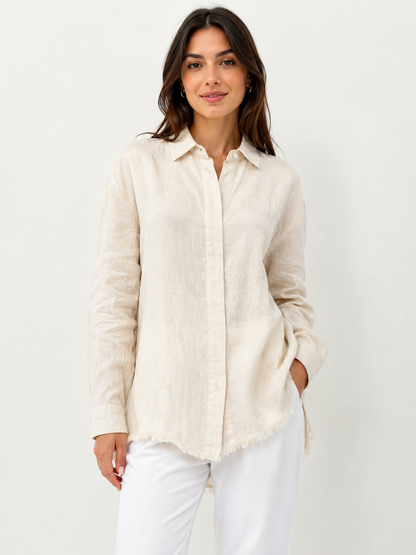 Cream Cotton Blend Shirt | Collared Long Sleeve Loose Fit Casual Stretch Shirt Top