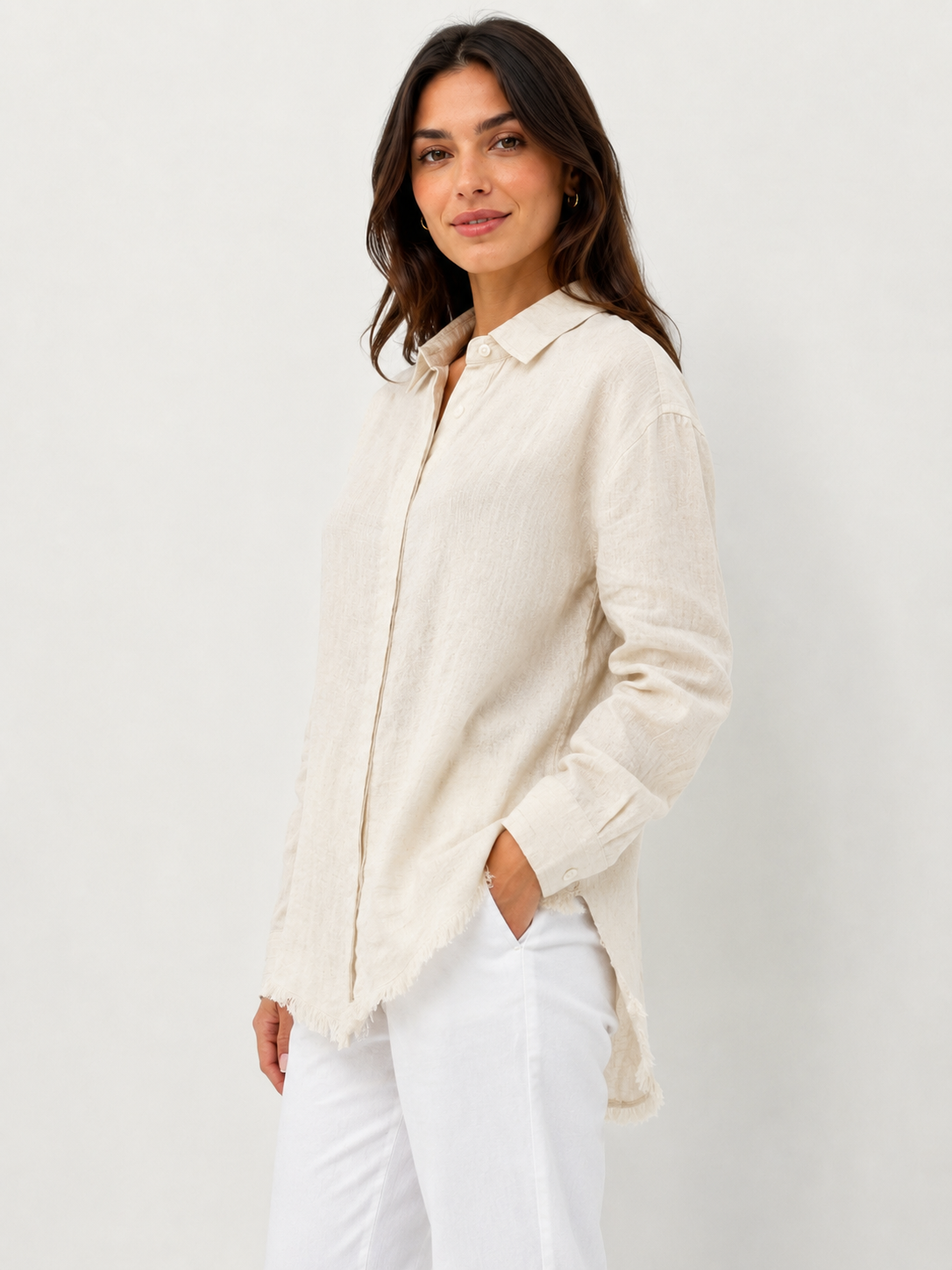 Cream Cotton Blend Shirt | Collared Long Sleeve Loose Fit Casual Stretch Shirt Top
