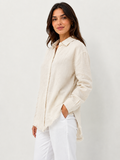 Cream Cotton Blend Shirt | Collared Long Sleeve Loose Fit Casual Stretch Shirt Top