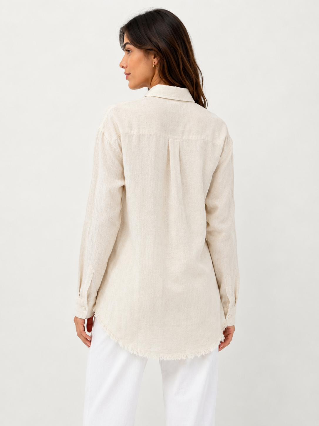 Cream Cotton Blend Shirt | Collared Long Sleeve Loose Fit Casual Stretch Shirt Top