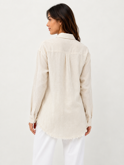 Cream Cotton Blend Shirt | Collared Long Sleeve Loose Fit Casual Stretch Shirt Top