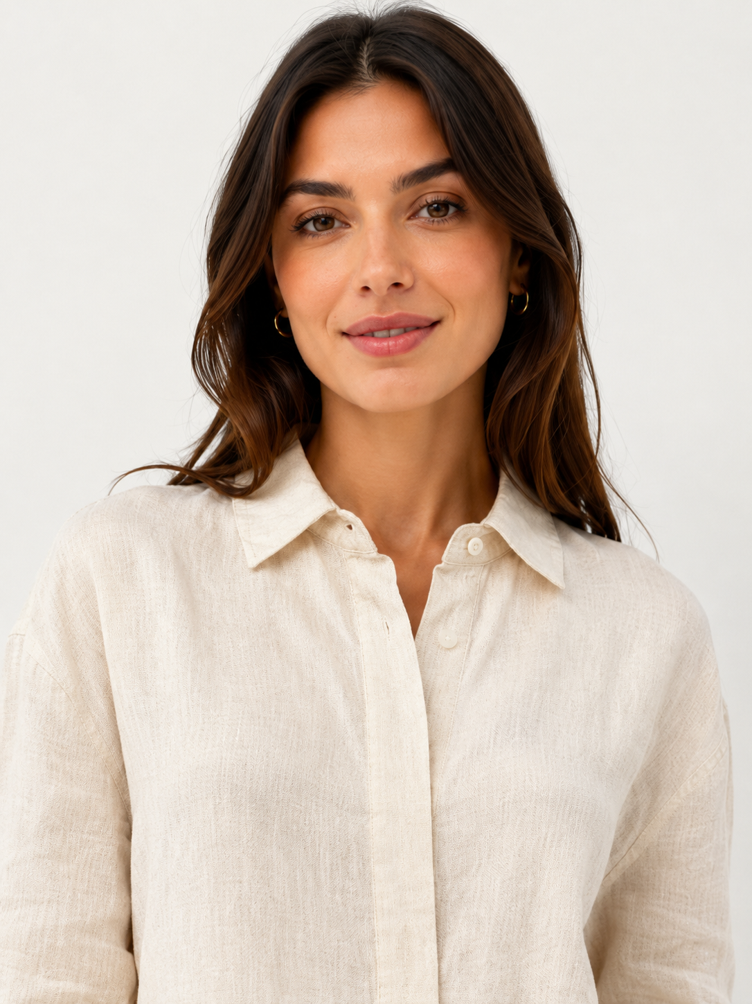 Cream Cotton Blend Shirt | Collared Long Sleeve Loose Fit Casual Stretch Shirt Top