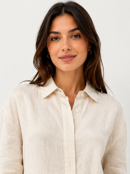Cream Cotton Blend Shirt | Collared Long Sleeve Loose Fit Casual Stretch Shirt Top