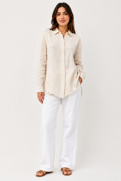 Cream Cotton Blend Shirt | Collared Long Sleeve Loose Fit Casual Stretch Shirt Top