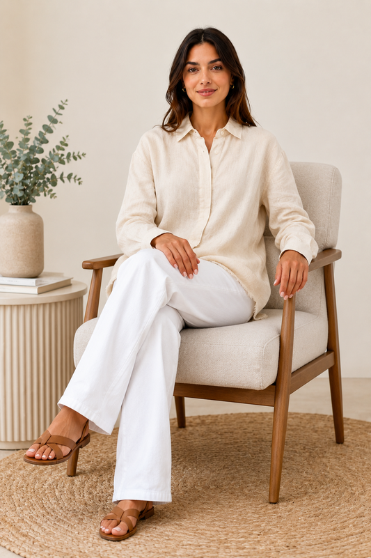 Cream Cotton Blend Shirt | Collared Long Sleeve Loose Fit Casual Stretch Shirt Top