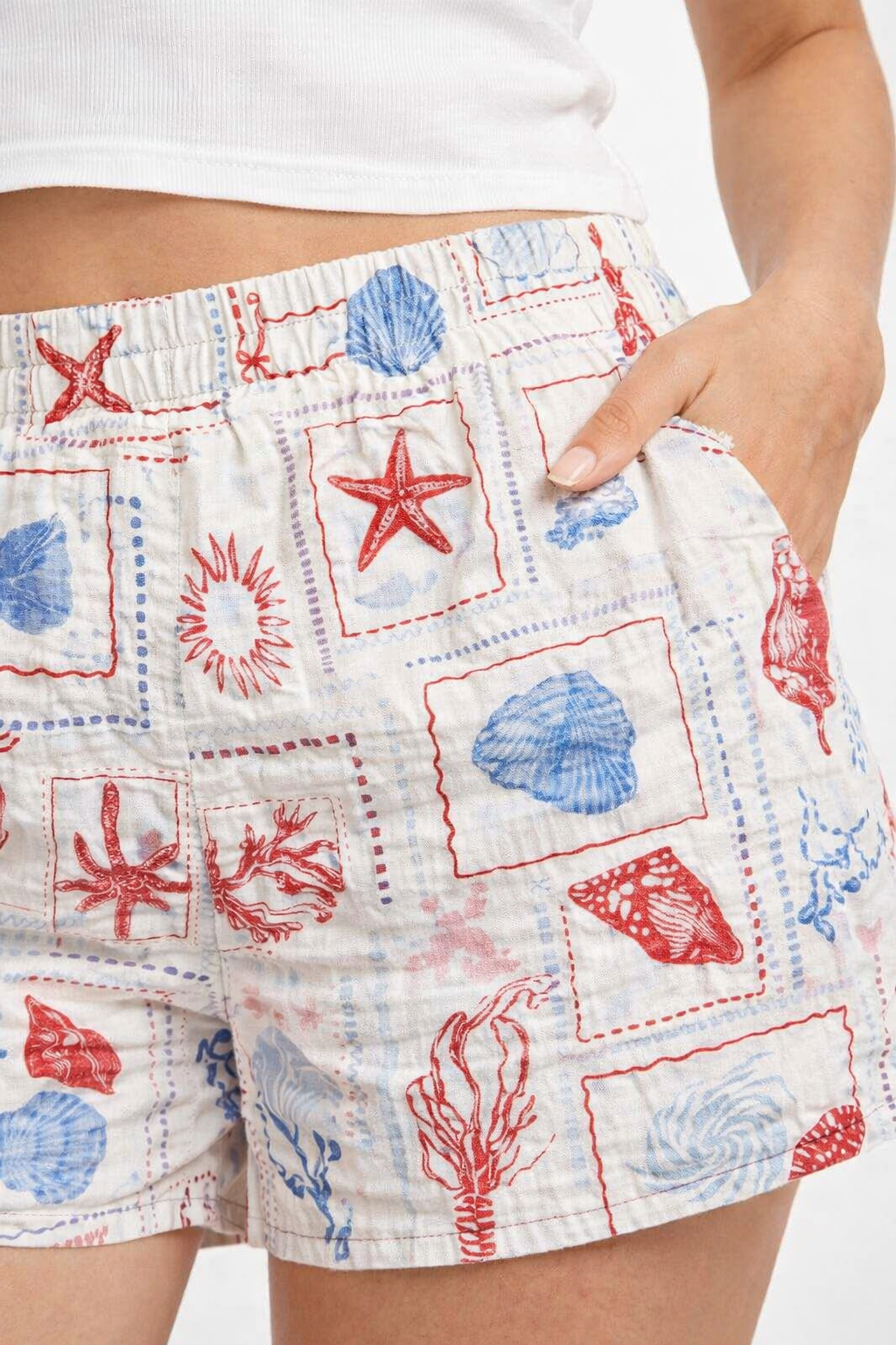 Multicolor Cotton Blend Shorts | Elastic Waist Casual Shorts with Side Pockets