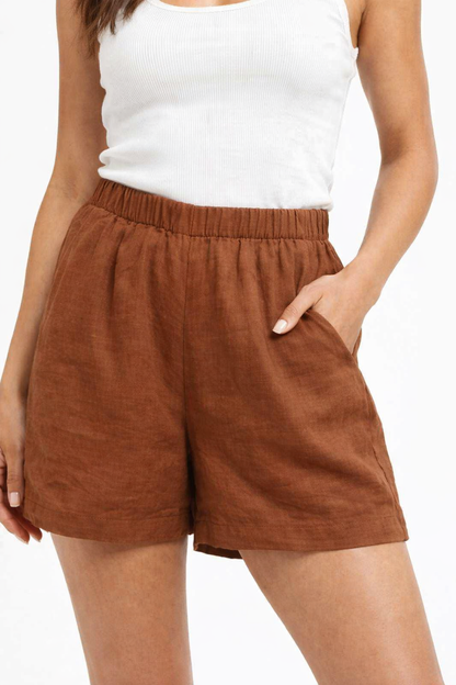 Brown Cotton Blend Shorts | Elastic Waist Casual Shorts with Side Pockets