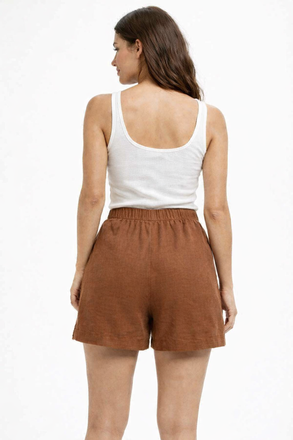 Brown Cotton Blend Shorts | Elastic Waist Casual Shorts with Side Pockets