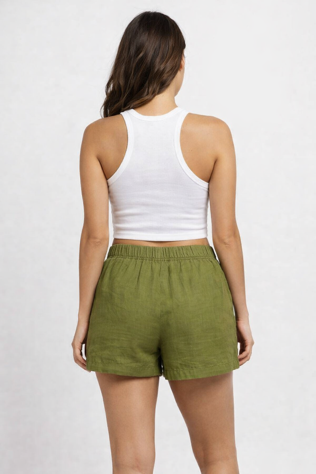 Green Cotton Blend Shorts | Elastic Waist Casual Shorts with Side Pockets